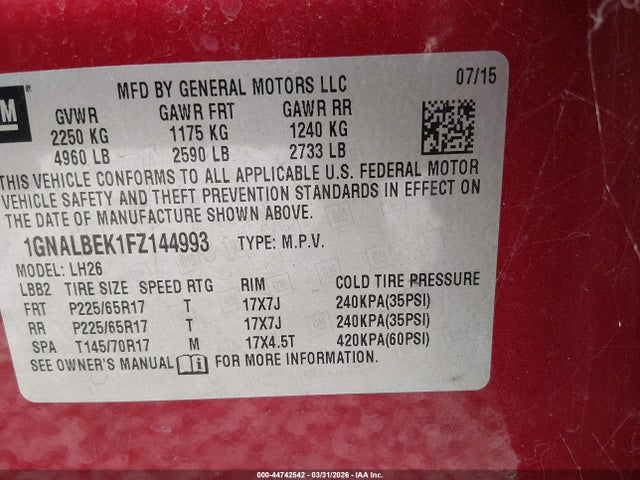 1GNALBEK1FZ144993 Chevrolet EQUINOX 1LT