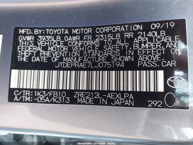 JTDEPRAE7LJ075194 Toyota COROLLA LE