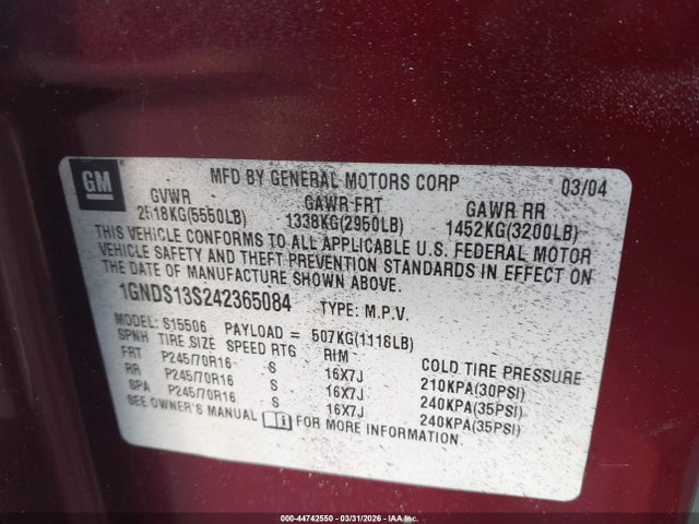 Продаж на аукціоні авто 2004 Chevrolet Trailblazer Ls, vin: 1GNDS13S242365084, номер лоту: 44742550