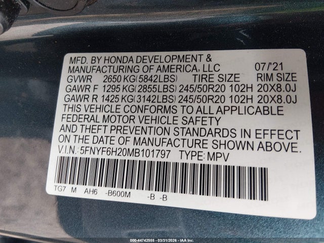 Продаж на аукціоні авто 2021 Honda Pilot Awd Special Edition, vin: 5FNYF6H20MB101797, номер лоту: 44742555