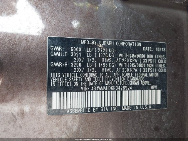 4S4WMAHD6K3428924 Subaru Ascent Premium