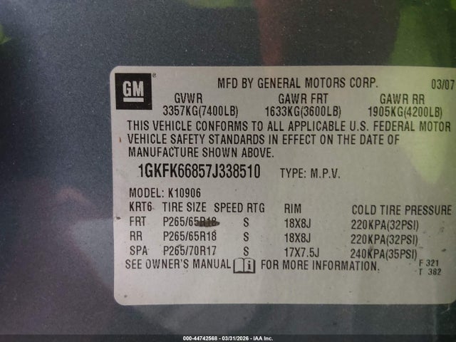 44742568 :رقم المزاد ، 1GKFK66857J338510 vin ، 2007 Gmc Yukon Xl 1500 Denali مزاد بيع