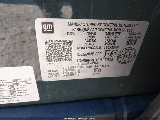 Продаж на аукціоні авто 2025 Chevrolet Tahoe Rst, vin: 1GNS6RRD1SR130506, номер лоту: 44742573