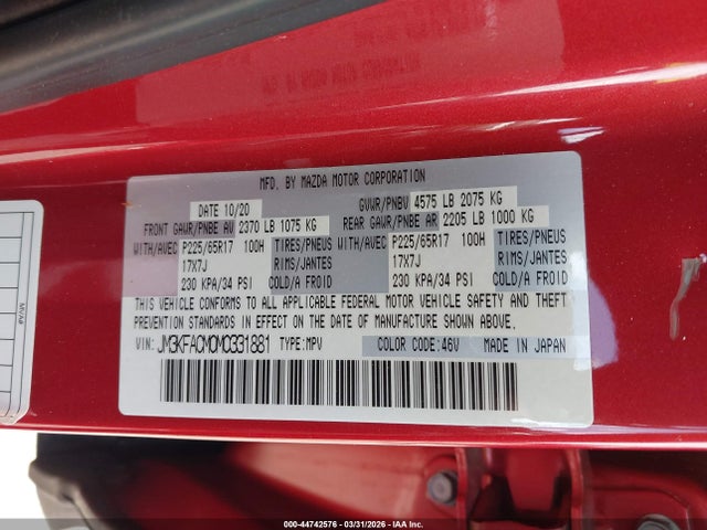 44742576 :رقم المزاد ، JM3KFACM0M0331881 vin ، 2021 Mazda Cx-5 Touring مزاد بيع