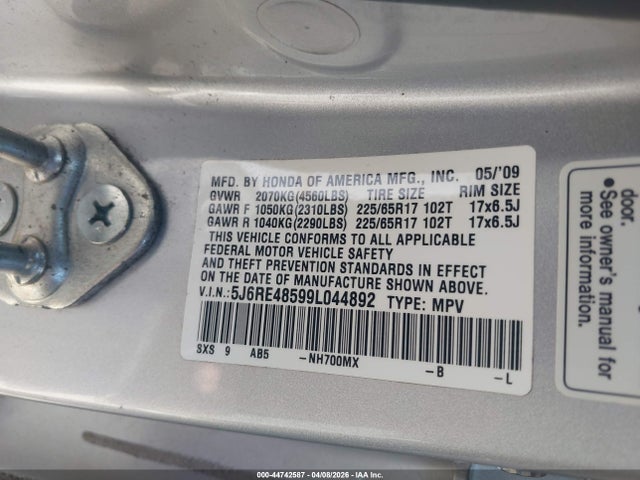 Продаж на аукціоні авто 2009 Honda Cr-v Ex, vin: 5J6RE48599L044892, номер лоту: 44742587