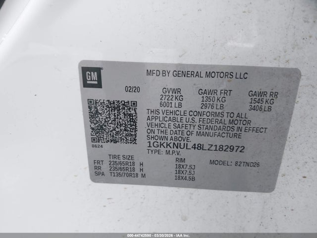 1GKKNUL48LZ182972 GMC Acadia Awd Slt