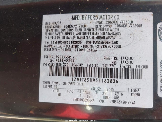 2005 Ford Mustang Gt მანქანა იყიდება აუქციონზე, vin: 1ZVFT85H955182836, აუქციონის ნომერი: 44742615