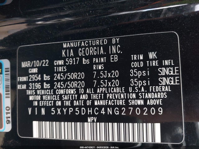 Aukcja sprzedaży 2022 Kia Telluride Sx, vin: 5XYP5DHC4NG270209, numer aukcji: 44742621