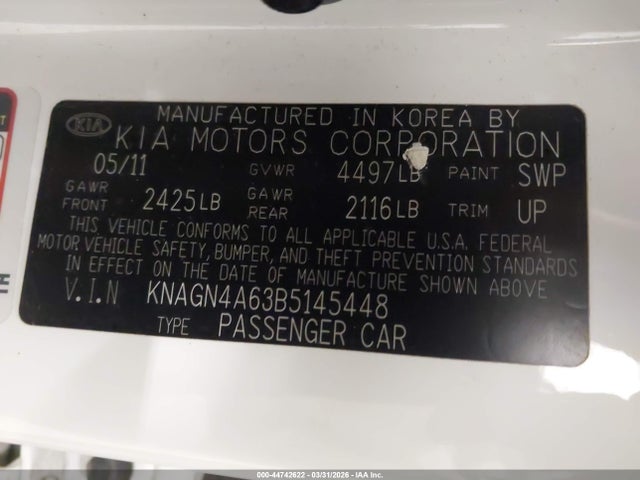 44742622 :رقم المزاد ، KNAGN4A63B5145448 vin ، 2011 Kia Optima Ex Turbo مزاد بيع