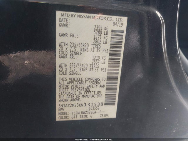 Aukcja sprzedaży 2019 Nissan Murano Sl, vin: 5N1AZ2MS3KN131538, numer aukcji: 44742627