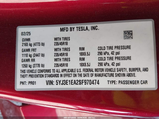 Продажа на аукционе авто 2025 Tesla Model 3 Long Range Rear-wheel Drive/standard Rear-wheel Drive, vin: 5YJ3E1EA2SF970474, номер лота: 44742626