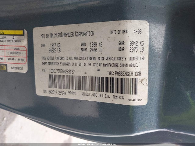 Aukcja sprzedaży 2006 Chrysler Sebring Gtc, vin: 1C3EL75R76N283137, numer aukcji: 44742631