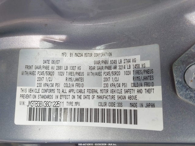 2008 Mazda Cx-9 Grand Touring მანქანა იყიდება აუქციონზე, vin: JM3TB38V380122511, აუქციონის ნომერი: 44742633