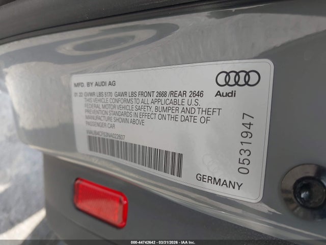 44742642 :رقم المزاد ، WAUB4CF53NA022607 vin ، 2022 Audi S5 Sportback Prestige Tfsi Quattro Tiptronic مزاد بيع