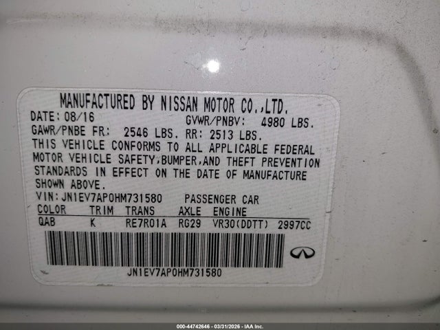 2017 Infiniti Q50 3.0t Premium მანქანა იყიდება აუქციონზე, vin: JN1EV7AP0HM731580, აუქციონის ნომერი: 44742646