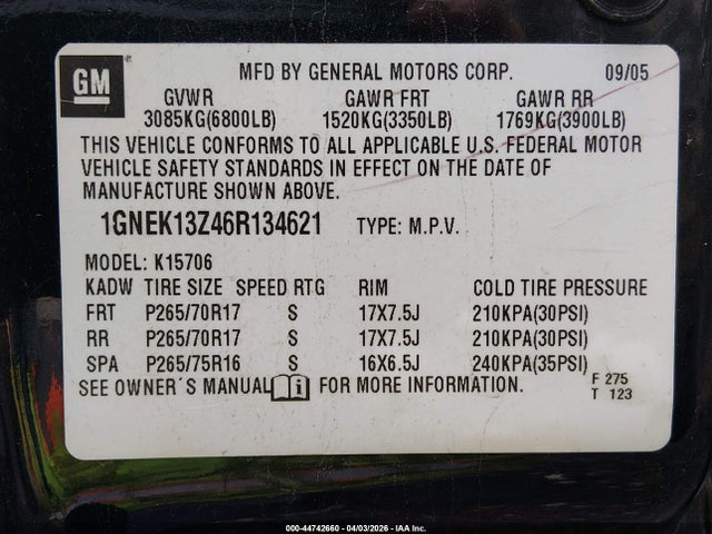2006 Chevrolet Tahoe Z71 მანქანა იყიდება აუქციონზე, vin: 1GNEK13Z46R134621, აუქციონის ნომერი: 44742660