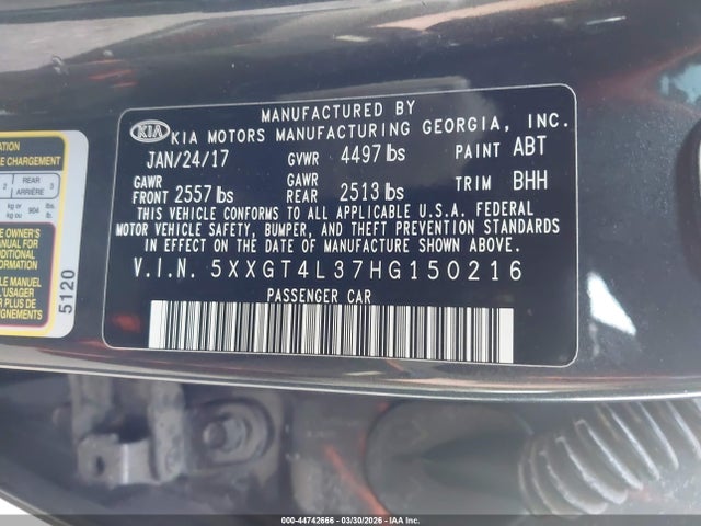 44742666 :رقم المزاد ، 5XXGT4L37HG150216 vin ، 2017 Kia Optima Lx مزاد بيع