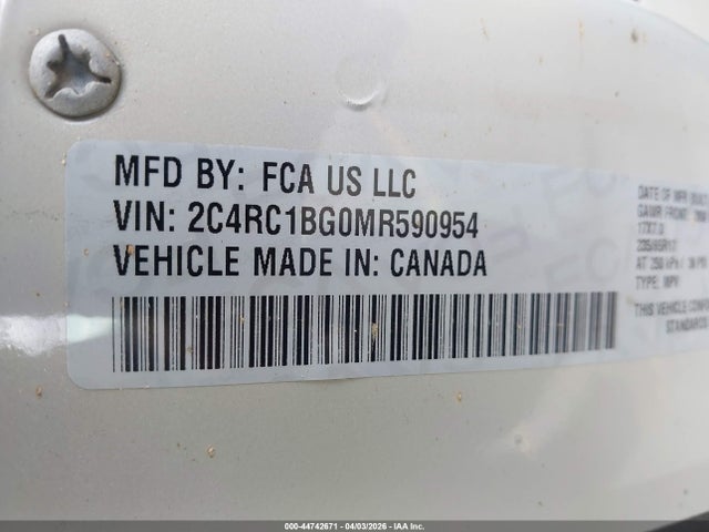 Aukcja sprzedaży 2021 Chrysler Pacifica Touring L, vin: 2C4RC1BG0MR590954, numer aukcji: 44742671