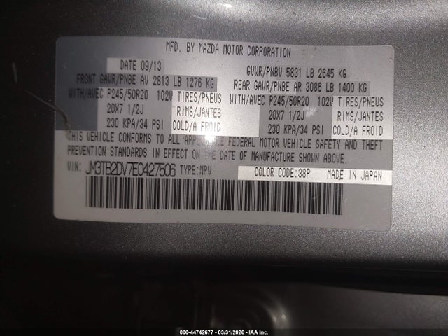 Aukcja sprzedaży 2014 Mazda Cx-9 Grand Touring, vin: JM3TB2DV7E0427506, numer aukcji: 44742677