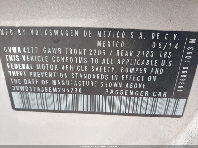 Продажа на аукционе авто 2014 Volkswagen Jetta 1.8t Se, vin: 3VWD17AJ9EM295230, номер лота: 44742686