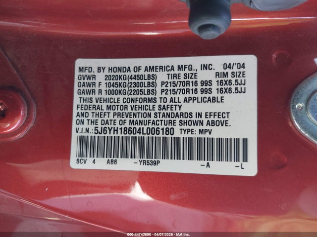 44742690 :رقم المزاد ، 5J6YH18604L006180 vin ، 2004 Honda Element Ex مزاد بيع