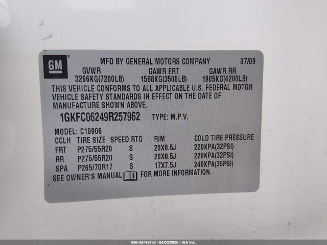 Aukcja sprzedaży 2009 Gmc Yukon Xl 1500 Denali, vin: 1GKFC06249R257962, numer aukcji: 44742692