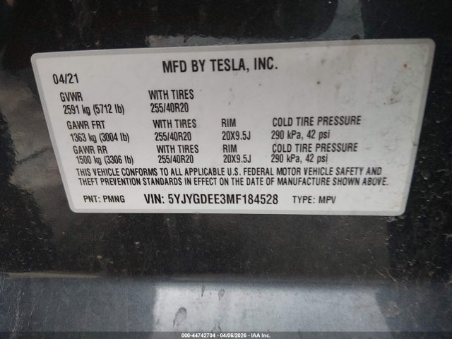 Продажа на аукционе авто 2021 Tesla Model Y Long Range Dual Motor All-wheel Drive, vin: 5YJYGDEE3MF184528, номер лота: 44742704