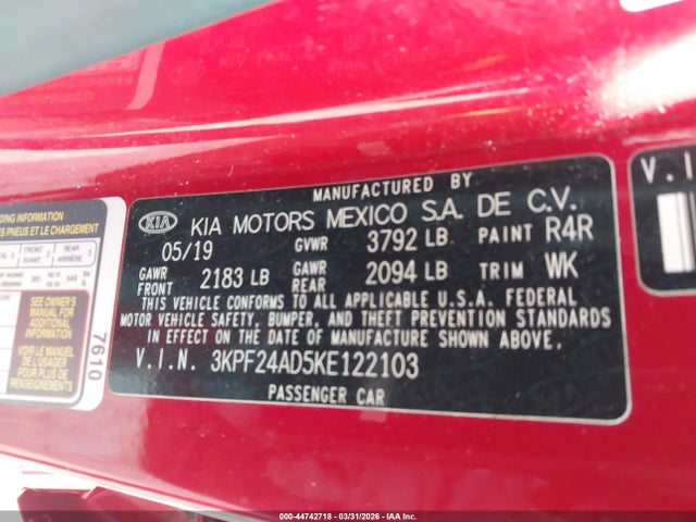 Продажа на аукционе авто 2019 Kia Forte Lxs, vin: 3KPF24AD5KE122103, номер лота: 44742718