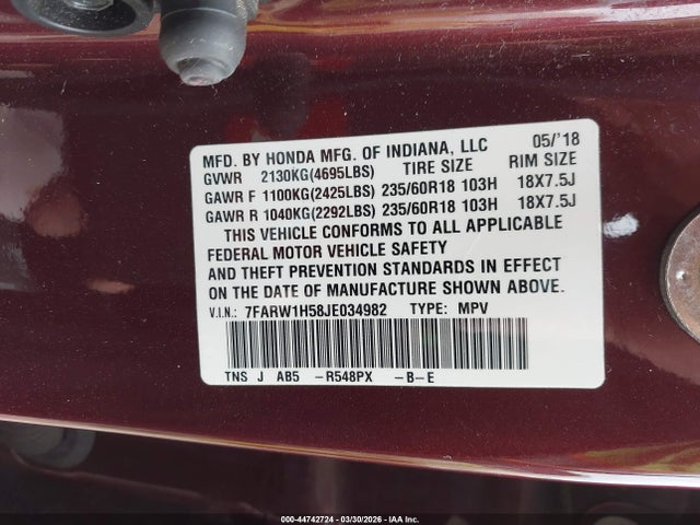 44742724 :رقم المزاد ، 7FARW1H58JE034982 vin ، 2018 Honda Cr-v Ex مزاد بيع