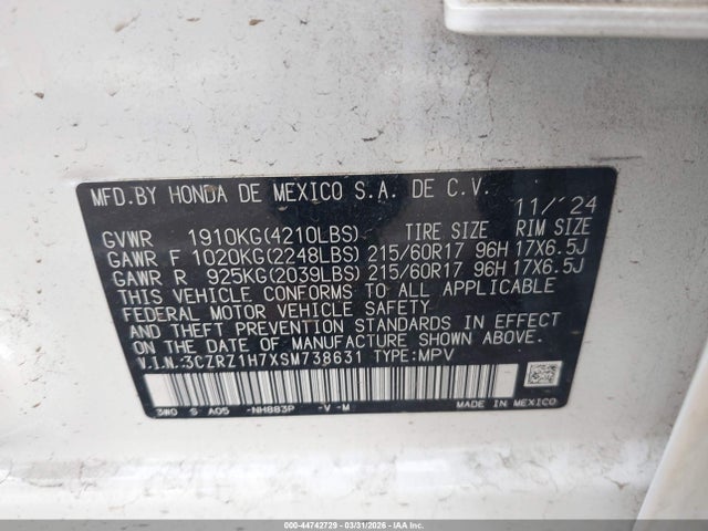 3CZRZ1H7XSM738631 Honda Hr-v 2wd Ex-l