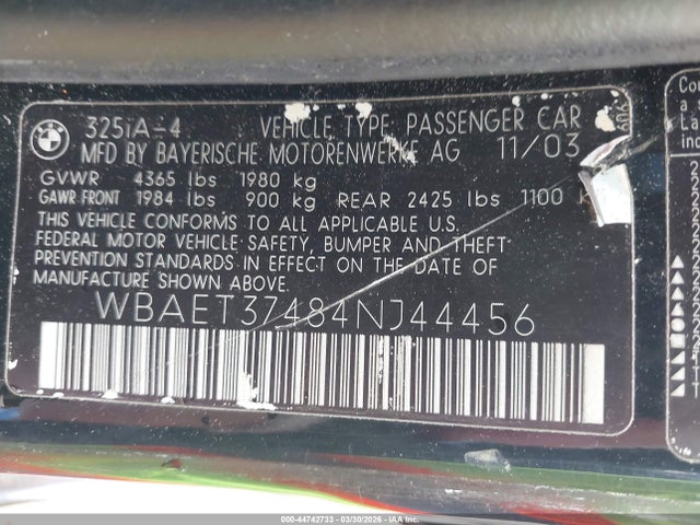 Aukcja sprzedaży 2004 Bmw 325i, vin: WBAET37484NJ44456, numer aukcji: 44742733