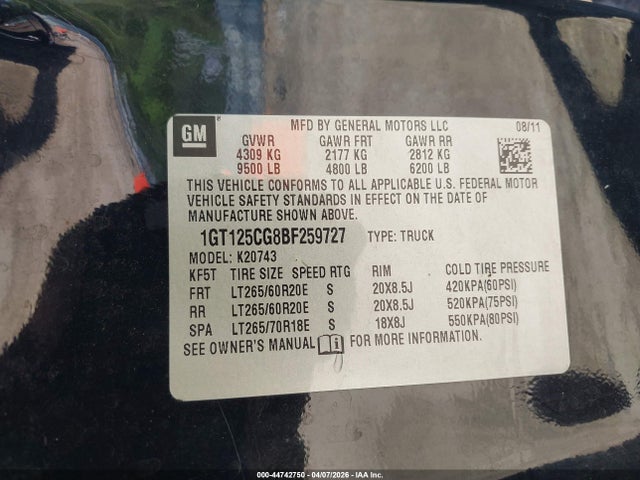 44742750 :رقم المزاد ، 1GT125CG8BF259727 vin ، 2011 Gmc Sierra 2500hd Denali مزاد بيع