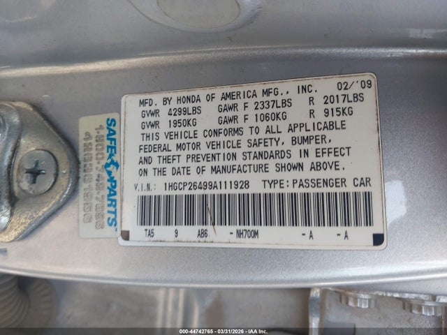 Aukcja sprzedaży 2009 Honda Accord 2.4 Lx-p, vin: 1HGCP26499A111928, numer aukcji: 44742765