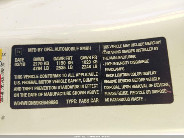 Aukcja sprzedaży 2019 Buick Cascada Premium, vin: W04WH3N59KG349896, numer aukcji: 44742771