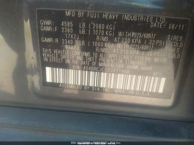 2011 Subaru Outback 2.5i Limited მანქანა იყიდება აუქციონზე, vin: 4S4BRCJC0B3427488, აუქციონის ნომერი: 44742776