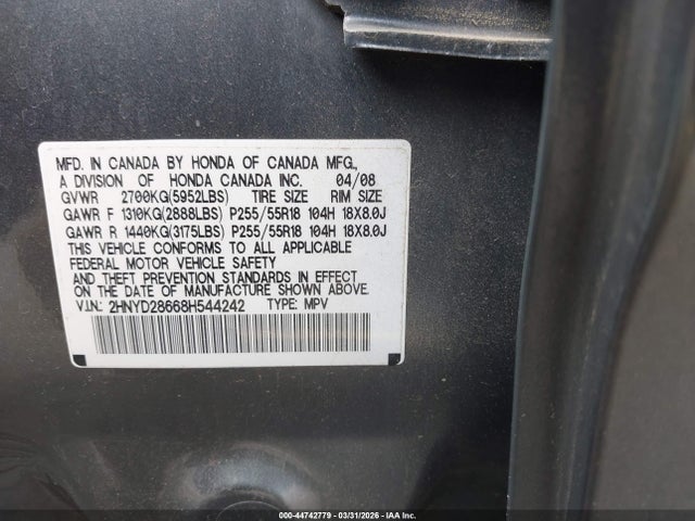 2008 Acura Mdx Technology Package მანქანა იყიდება აუქციონზე, vin: 2HNYD28668H544242, აუქციონის ნომერი: 44742779