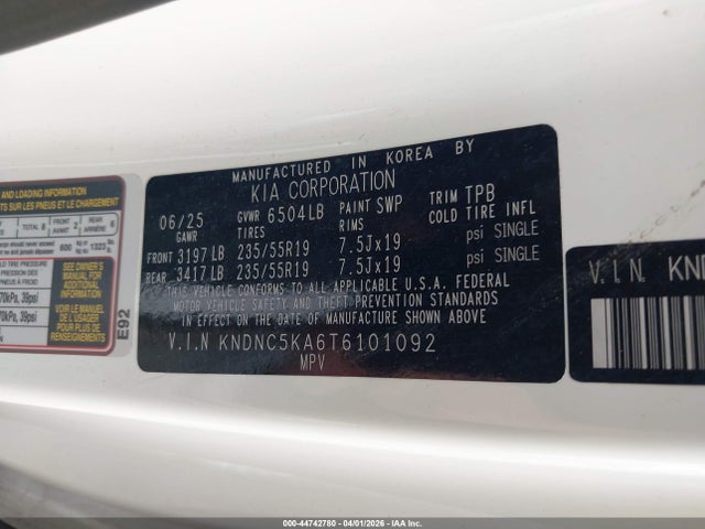Aukcja sprzedaży 2026 Kia Carnival Mpv Hybrid Ex, vin: KNDNC5KA6T6101092, numer aukcji: 44742780