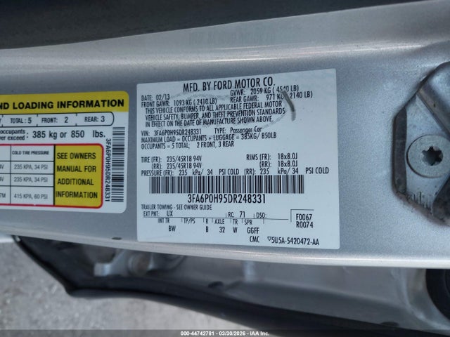 Aukcja sprzedaży 2013 Ford Fusion Se, vin: 3FA6P0H95DR248331, numer aukcji: 44742781