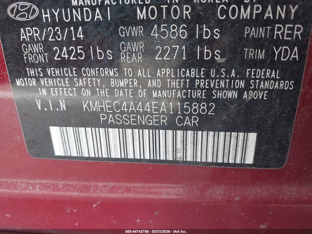 Продажа на аукционе авто 2014 Hyundai Sonata Hybrid Limited, vin: KMHEC4A44EA115882, номер лота: 44742786