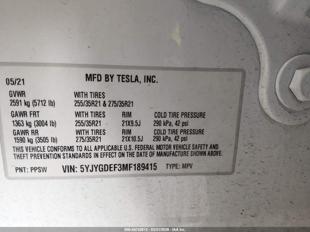 5YJYGDEF3MF189415 Tesla Model Y Performance Dual Motor All-wheel Drive