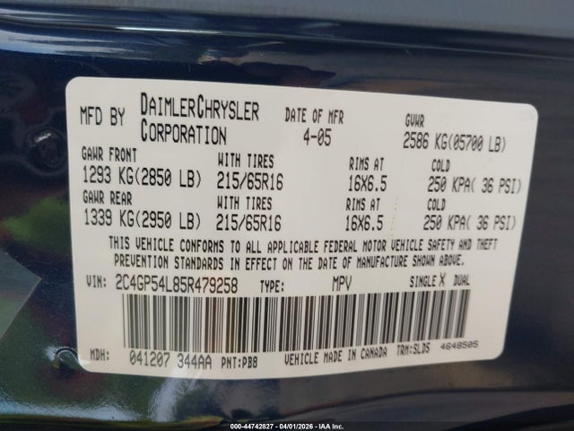 Продажа на аукционе авто 2005 Chrysler Town & Country Touring, vin: 2C4GP54L85R479258, номер лота: 44742827