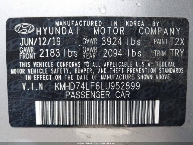 Продажа на аукционе авто 2020 Hyundai Elantra Se, vin: KMHD74LF6LU952899, номер лота: 44742843