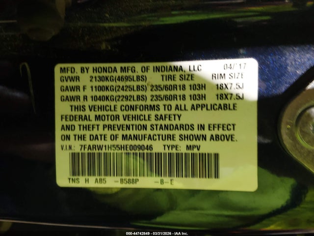 Продаж на аукціоні авто 2017 Honda Cr-v Ex, vin: 7FARW1H55HE009046, номер лоту: 44742849