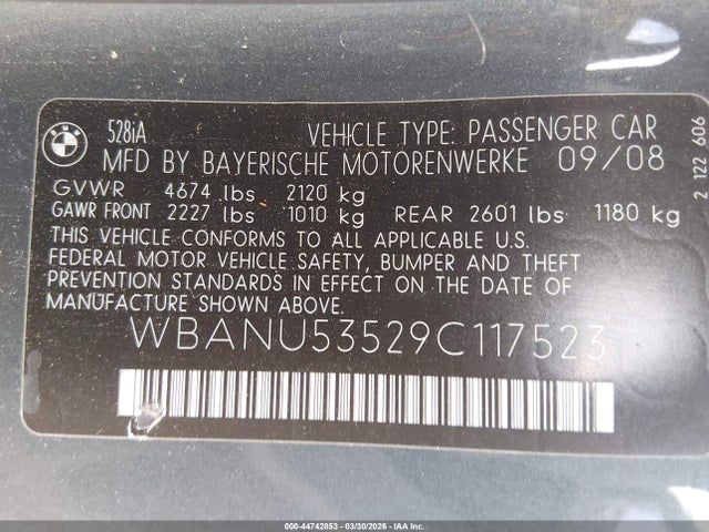 2009 Bmw 528i მანქანა იყიდება აუქციონზე, vin: WBANU53529C117523, აუქციონის ნომერი: 44742853