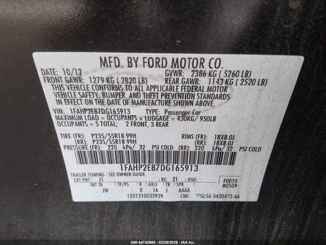 Продажа на аукционе авто 2013 Ford Taurus Sel, vin: 1FAHP2E87DG165913, номер лота: 44742860