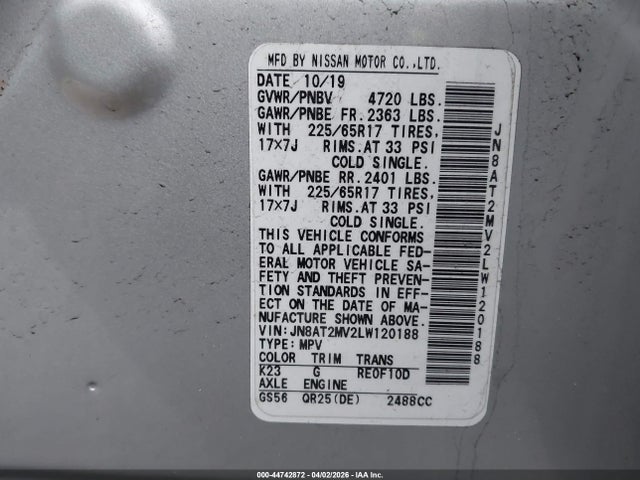 JN8AT2MV2LW120188 Nissan Rogue Sv Intelligent Awd