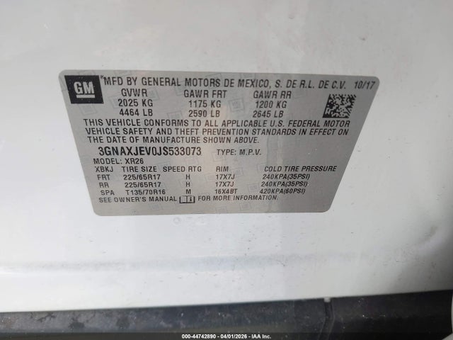 44742890 :رقم المزاد ، 3GNAXJEV0JS533073 vin ، 2018 Chevrolet Equinox Lt مزاد بيع