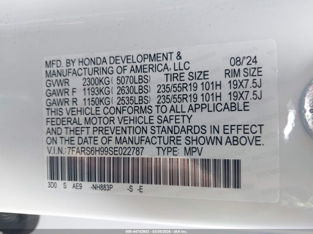 Продажа на аукционе авто 2025 Honda Cr-v Hybrid Sport Touring, vin: 7FARS6H99SE022787, номер лота: 44742902