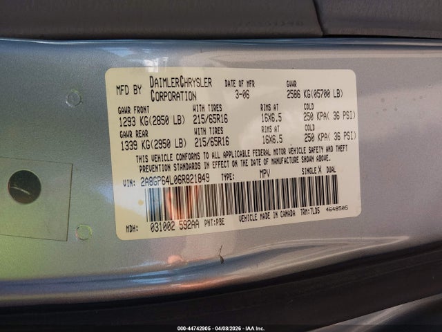 2006 Chrysler Town & Country Limited მანქანა იყიდება აუქციონზე, vin: 2A8GP64L06R821849, აუქციონის ნომერი: 44742905
