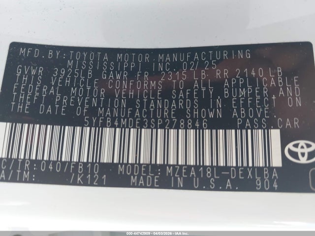 44742909 :رقم المزاد ، 5YFB4MDE3SP278846 vin ، 2025 Toyota Corolla Le مزاد بيع